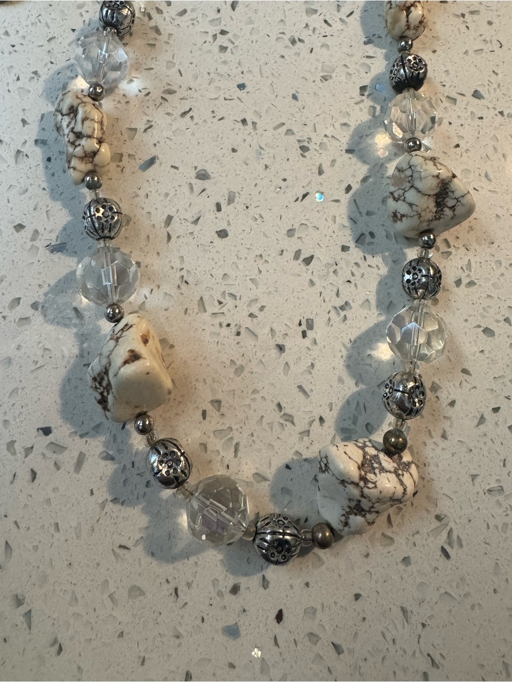 White Howlite and Silver Beaded Necklace - Women Jewelry